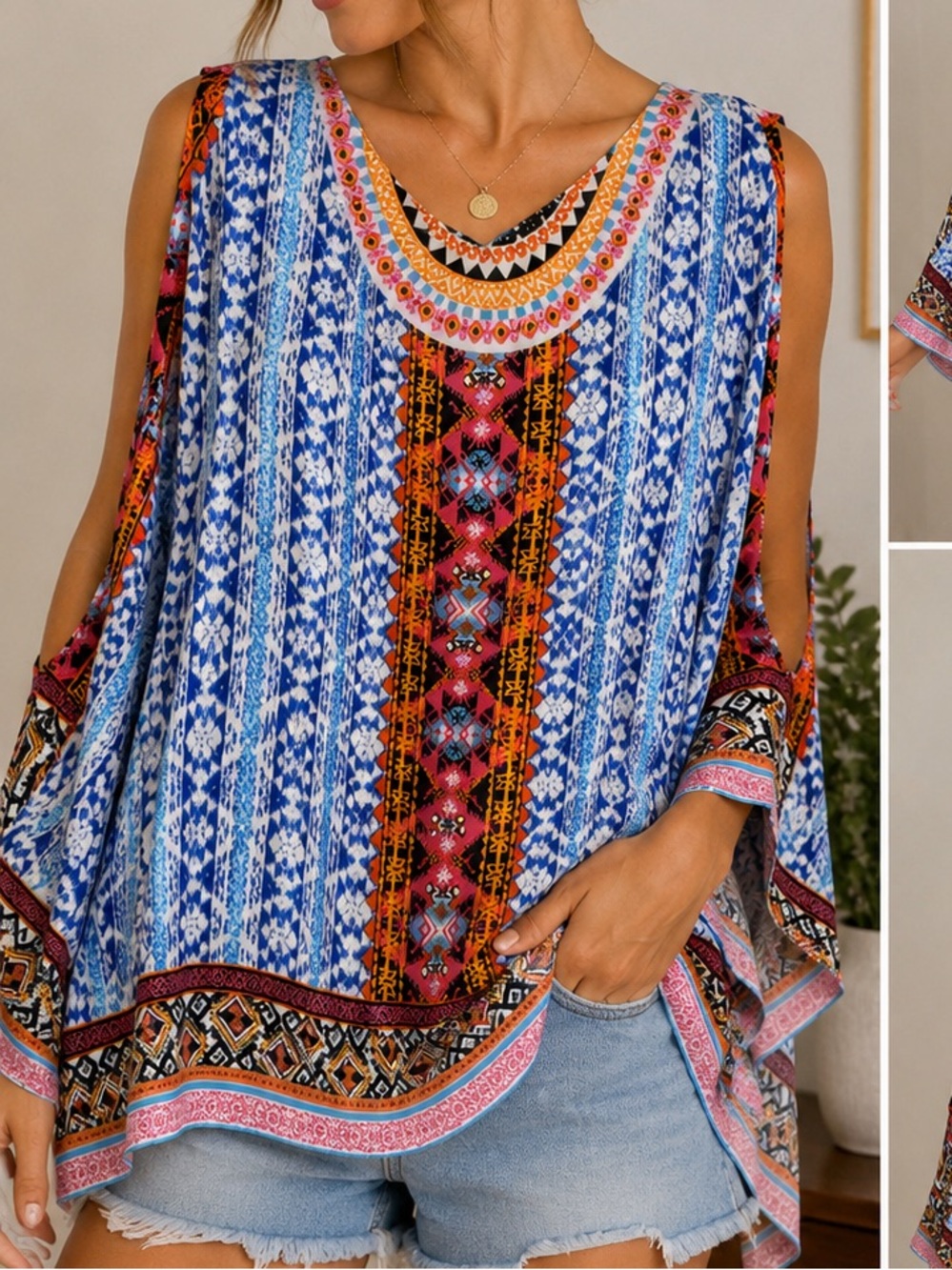 ECI Boho Tunic Top Cold Shoulder Colorful Festival Blouse Small
